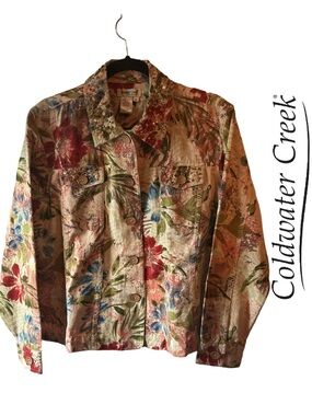 Coldwater Creek Floral Embellished Jean Jacket/Cream, Red, Blue & Green Size PXL